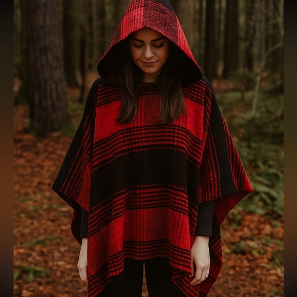 Express Red & Black Plaid Boucle Knit Hooded Open Front Poncho - Picture 1 of 7
